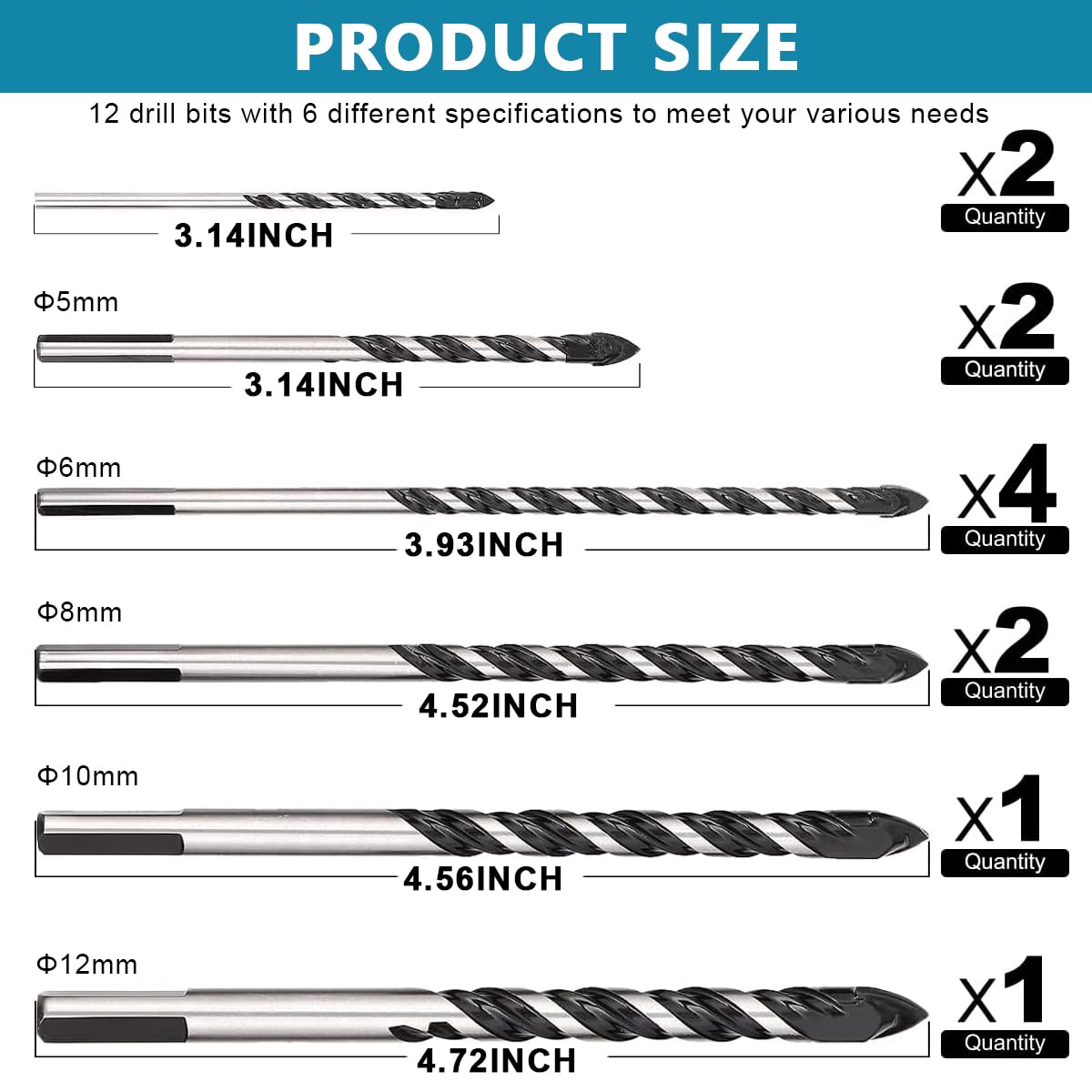 Serplex 12Pcs Drill Bits Set 6 Sizes Drill Bits 3.14-4.72inch Masonry Drill Bit Set & Concrete Drill Bit Set, Professional Carbide Drill Bits Tip for Glass, Tile, Brick, Cement Concrete Plastic Wood Serplex 12Pcs Drill Bits Set 6 Sizes Drill Bits 3.14-4.72inch Masonry Drill Bit Set & Concrete Drill Bit Set, Professional Carbide Drill Bits Tip for Glass, Tile, Brick, Cement Concrete Plastic Wood